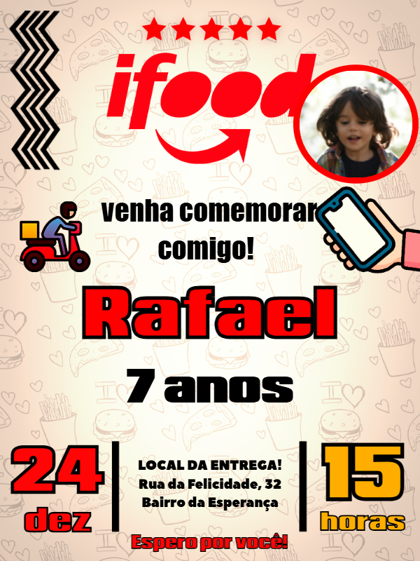 Convite de Aniversário Delivery com Foto Editável Online Convite de Aniversário Delivery com Foto Editável Online