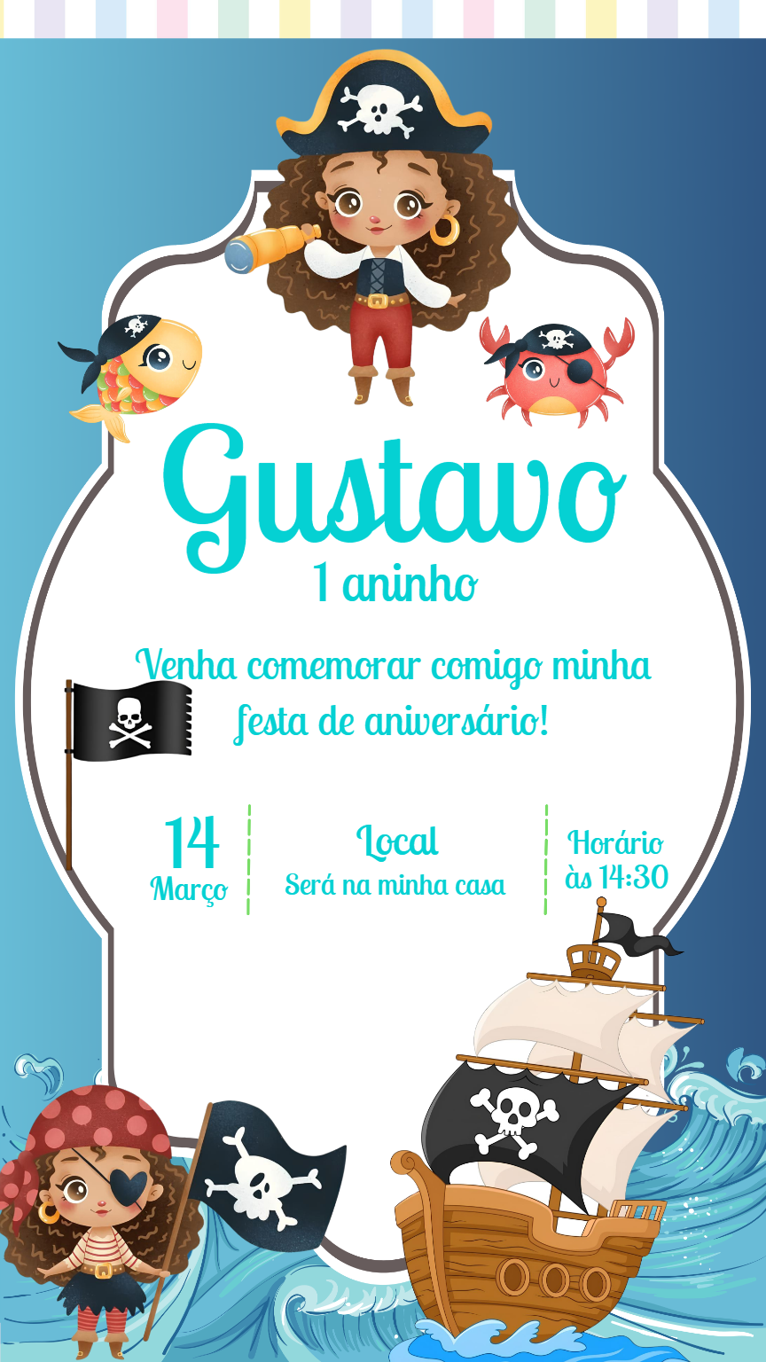Convite de Aniversário Pirata Menina para Editar Online Convite de Aniversário Pirata Menina para Editar Online