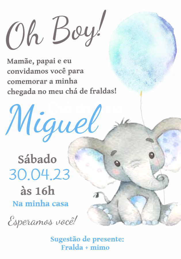 Convite Chá de Fraldas Elefantinho Azul para Editar Online Convite Chá de Fraldas Elefantinho Azul para Editar Online