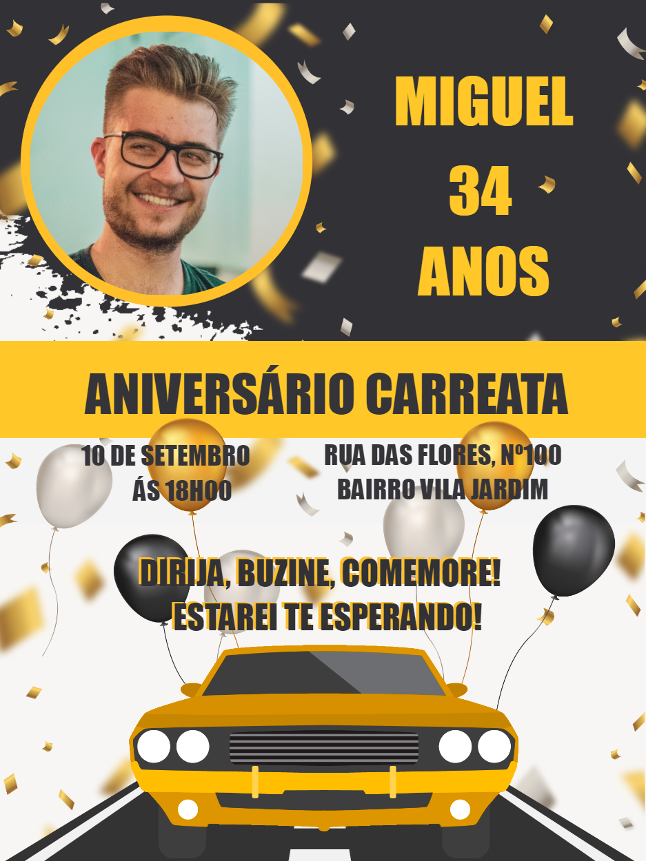 Convite de Aniversário Carreata com Foto para Editar Online Convite de Aniversário Carreata com Foto para Editar Online