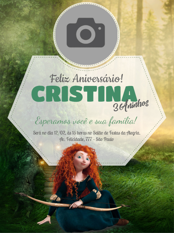 Convite Aniversário Merida Valente com Foto para Editar Online Convite Aniversário Merida Valente com Foto para Editar Online
