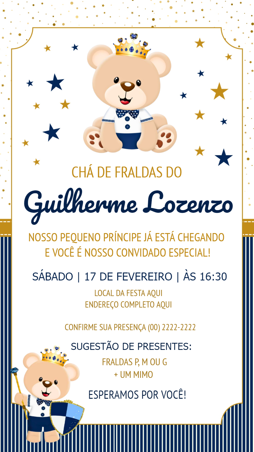 Convite Chá de Fraldas Ursinho Príncipe para Editar Online Convite Chá de Fraldas Ursinho Príncipe para Editar Online