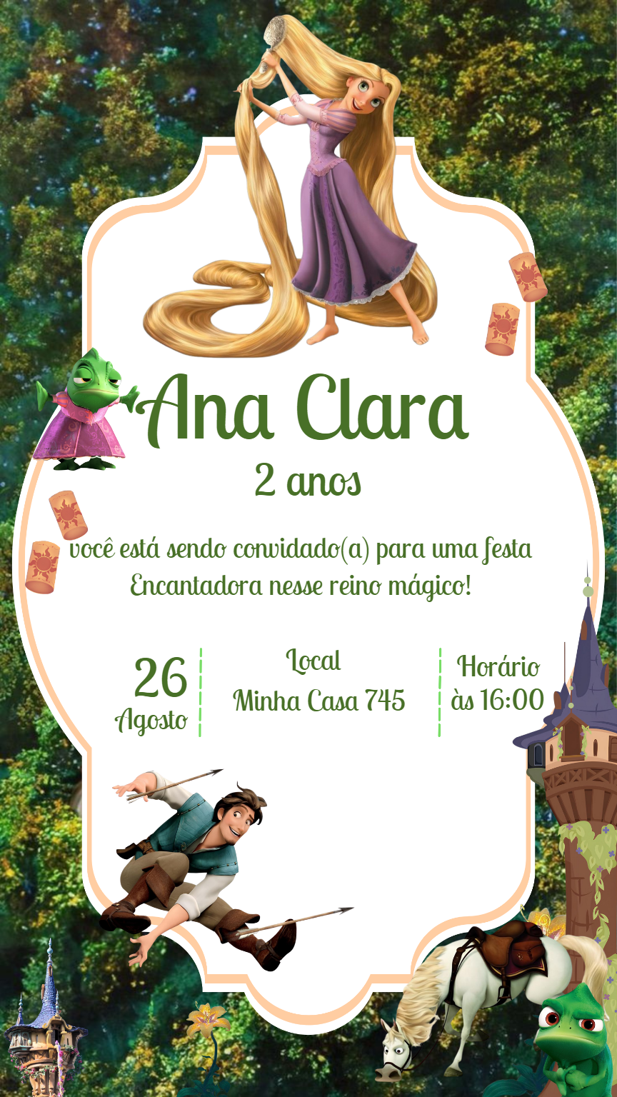 Convite Aniversário Enrolados com Rapunzel para Editar Online Convite Aniversário Enrolados com Rapunzel para Editar Online