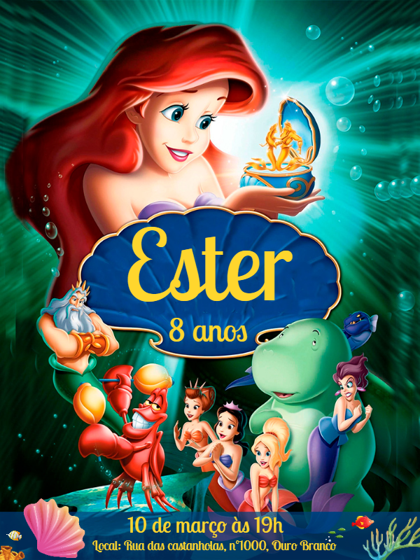 Convite de Aniversário A Pequena Sereia Editável Online Convite de Aniversário A Pequena Sereia Editável Online
