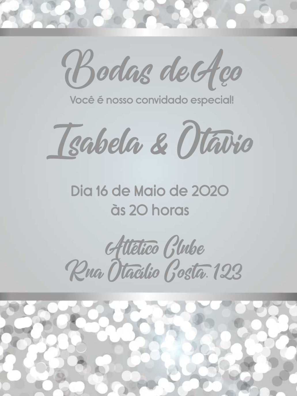 Convite Bodas de Aço Prata com Brilho para Editar Online