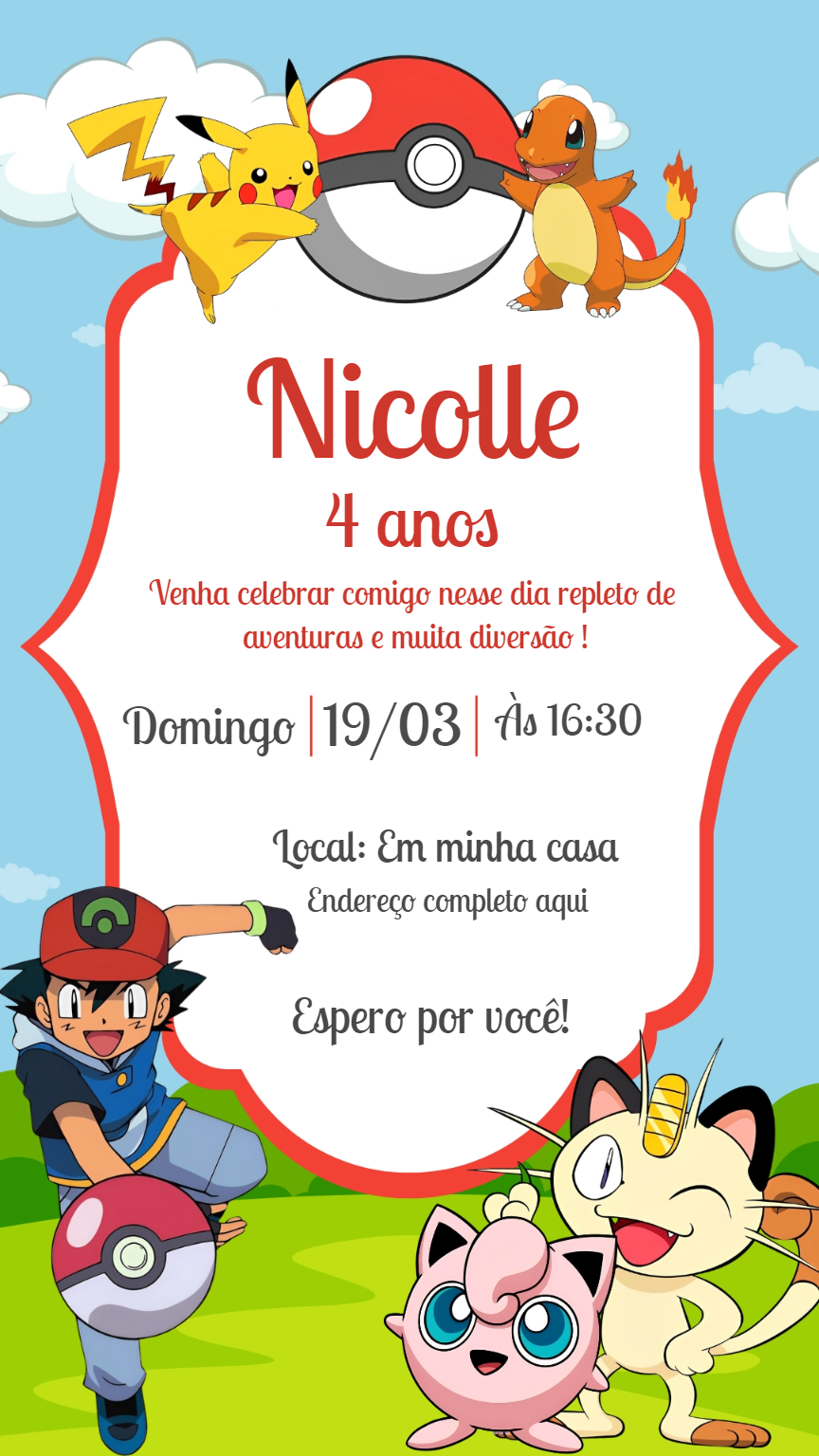 Convite de Aniversário Pokémon com Personagens para Editar