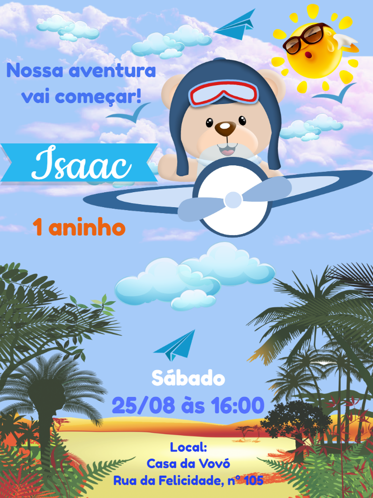 Convite Aniversário Ursinho Aviador para Editar Online Convite Aniversário Ursinho Aviador para Editar Online
