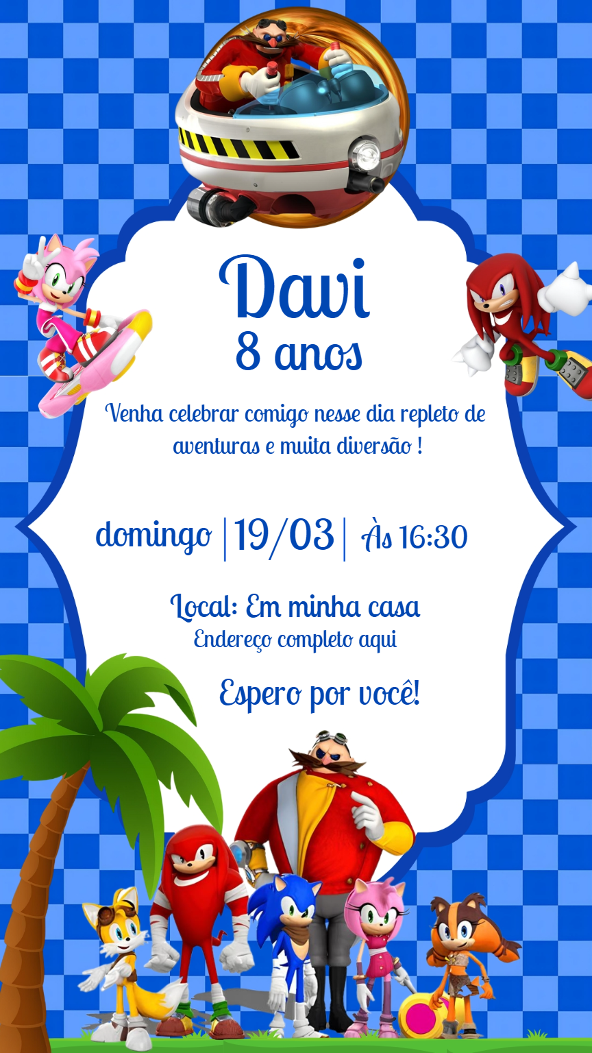 Convite de Aniversário Sonic com Personagens para Editar Online Convite de Aniversário Sonic com Personagens para Editar Online