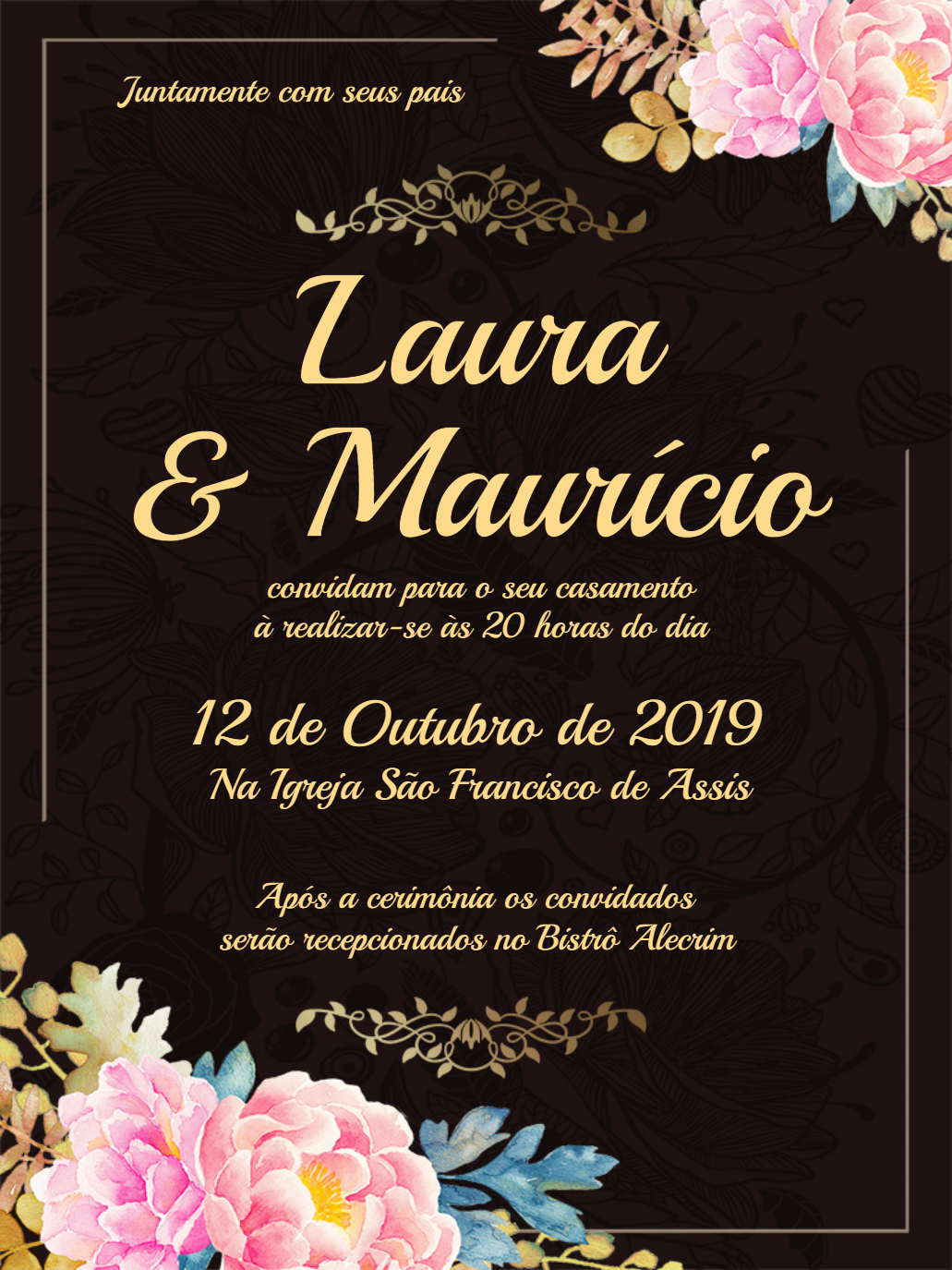 Convite de Casamento Floral Preto e Dourado para Editar Online