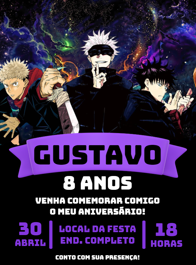 Convite Jujutsu Kaisen para Aniversário Editável Online Convite Jujutsu Kaisen para Aniversário Editável Online