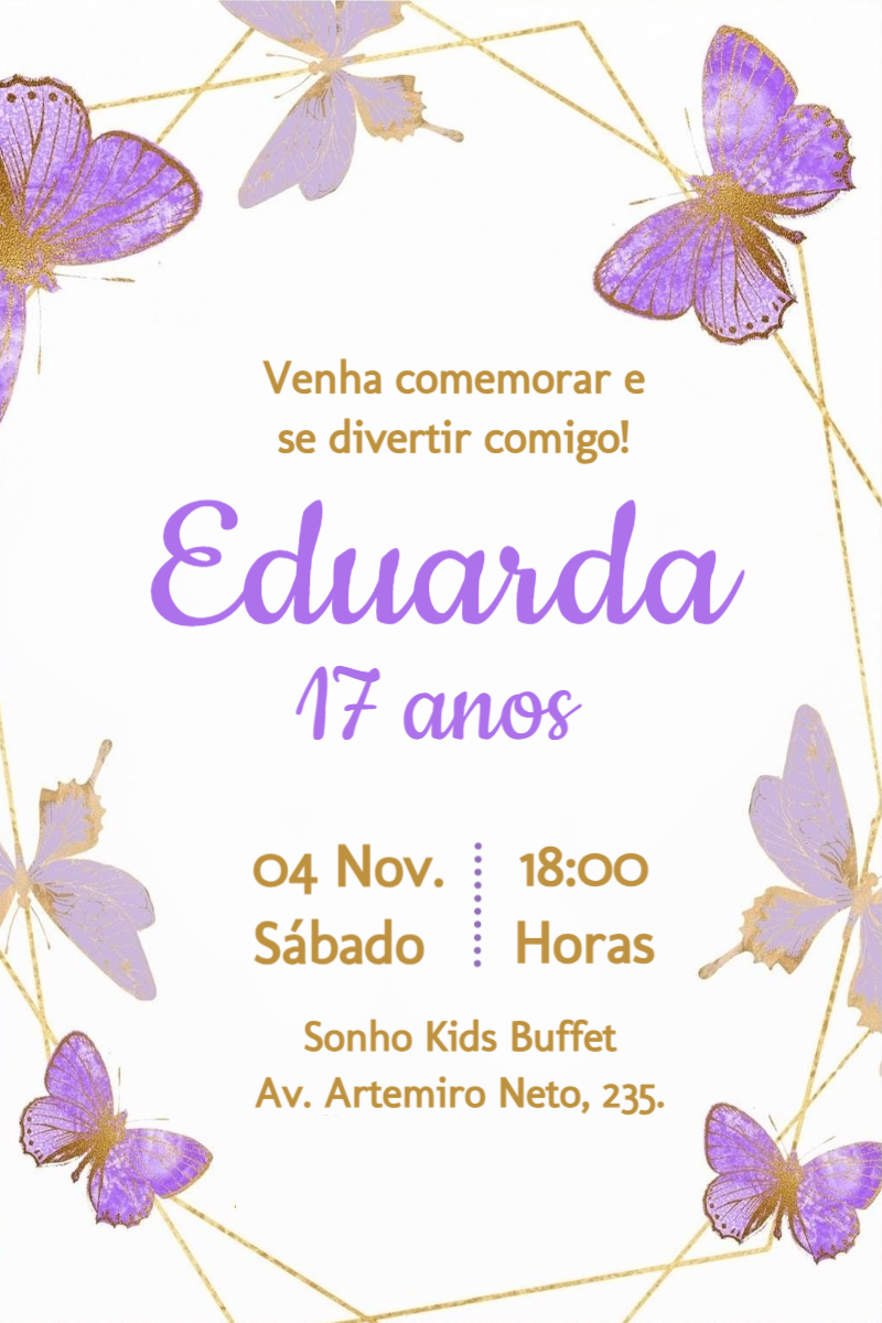 Convite Aniversário Borboleta Lilás e Dourado Editável Convite Aniversário Borboleta Lilás e Dourado Editável