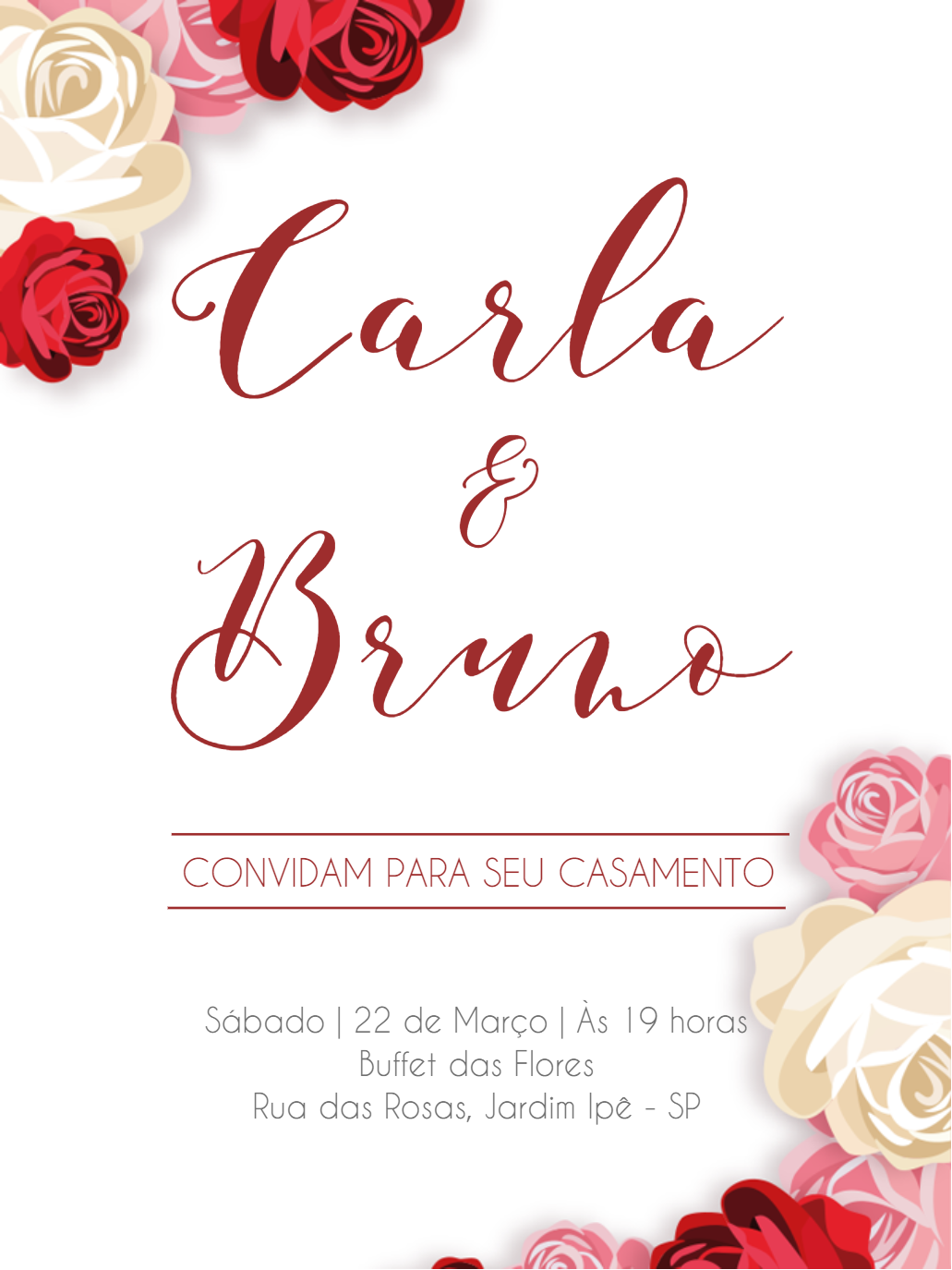 Convite de Casamento Floral com Rosas Vermelhas para Editar