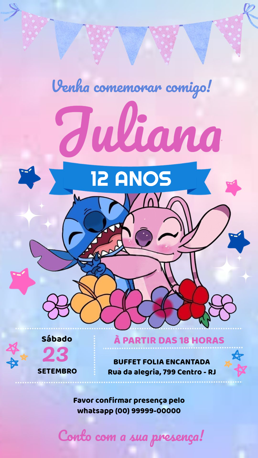 Convite Aniversário Stitch e Angel Rosa para Editar Online Convite Aniversário Stitch e Angel Rosa para Editar Online