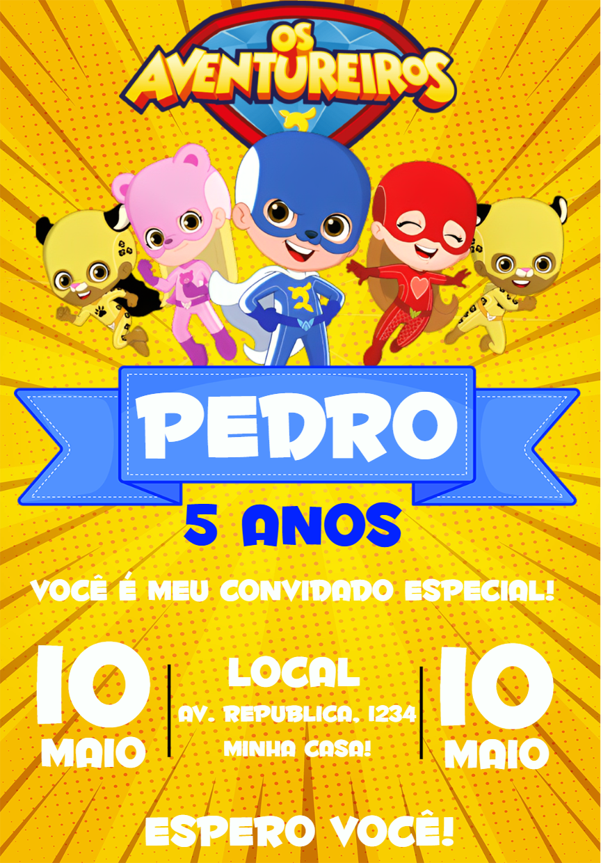 Convite de Aniversário Os Aventureiros para Editar Online Convite de Aniversário Os Aventureiros para Editar Online
