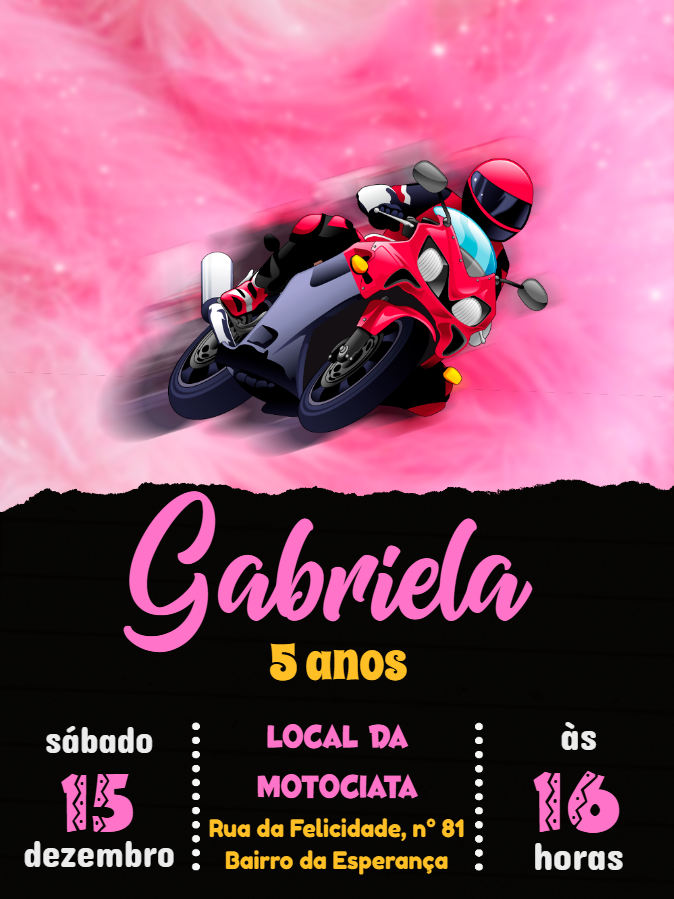 Convite de Aniversário Motociclista Rosa para Editar Online Convite de Aniversário Motociclista Rosa para Editar Online