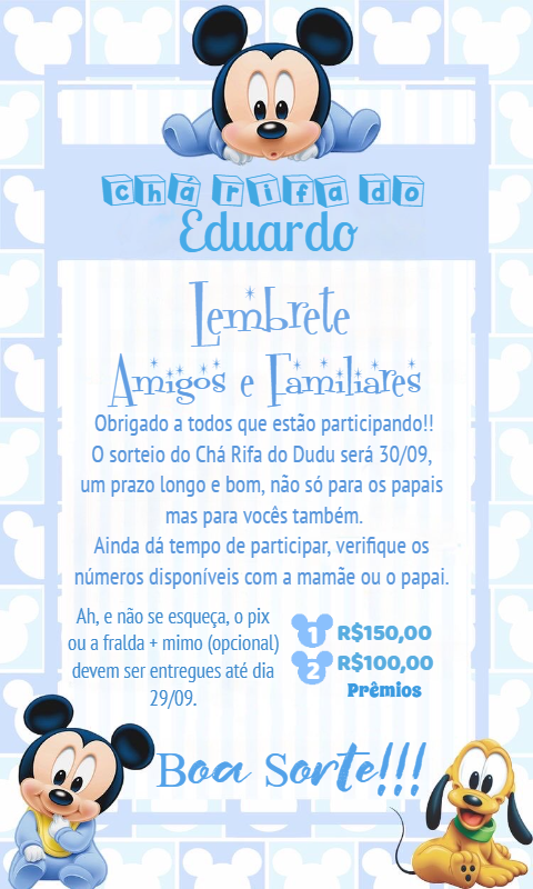 Lembrete Chá Rifa Mickey Baby para Editar e Enviar Online Lembrete Chá Rifa Mickey Baby para Editar e Enviar Online