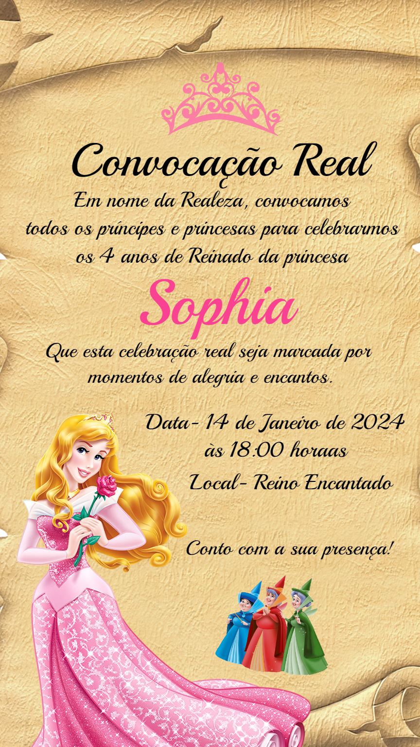 Convite Aniversário Princesa Aurora Convocação Real para Editar Convite Aniversário Princesa Aurora Convocação Real para Editar