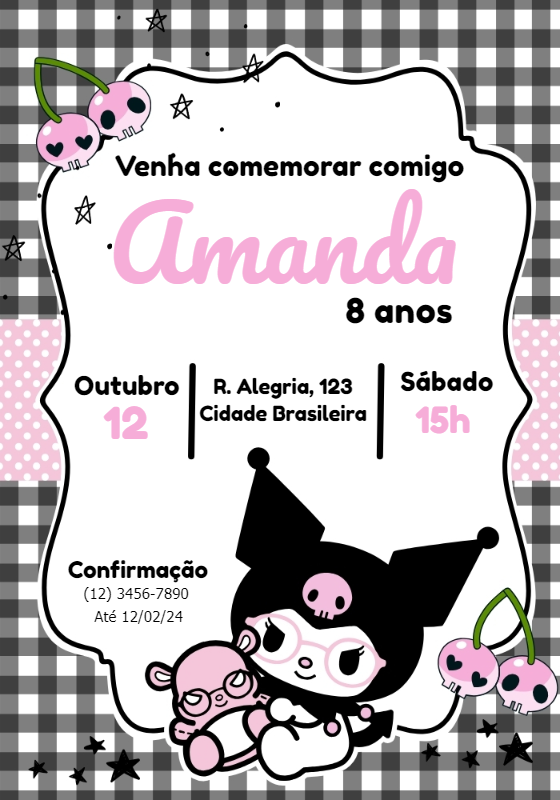 Convite de Aniversário Kuromi Editável Online para Imprimir Convite de Aniversário Kuromi Editável Online para Imprimir