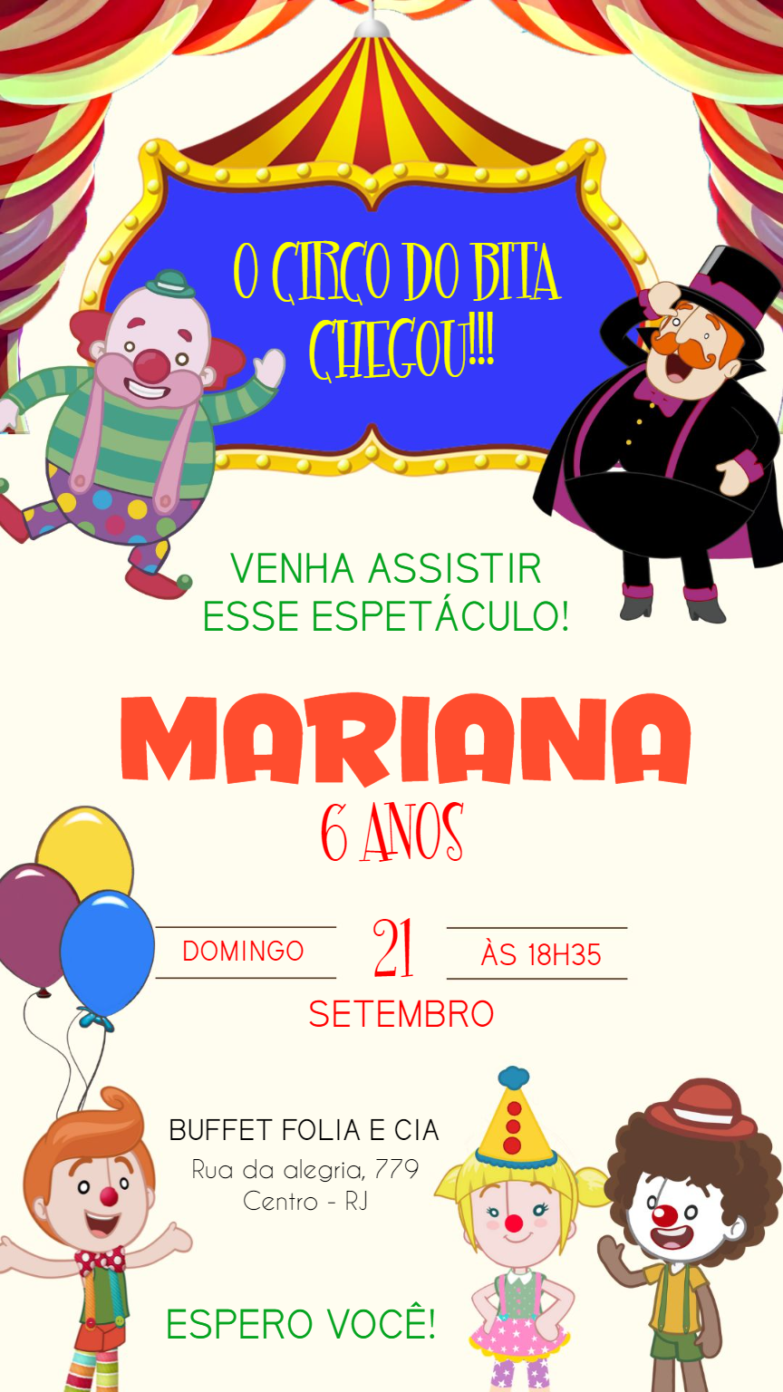 Convite de Aniversário Circo do Bita para Editar Online Convite de Aniversário Circo do Bita para Editar Online