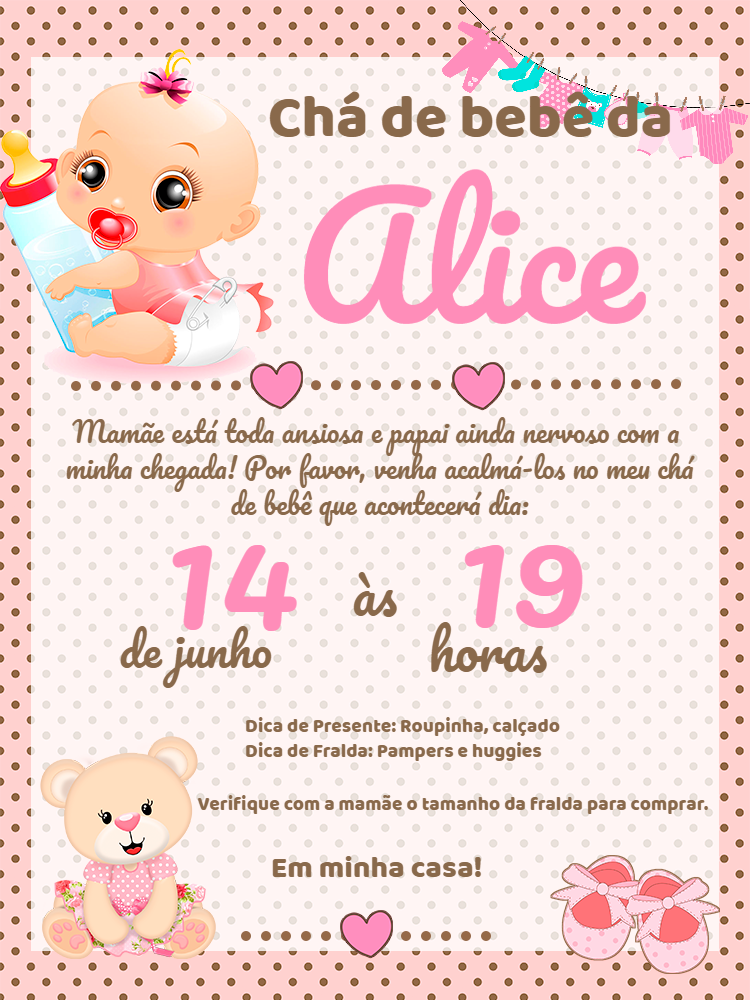 Convite Chá de Bebê Ursinha Rosa para Editar Online e Imprimir Convite Chá de Bebê Ursinha Rosa para Editar Online e Imprimir