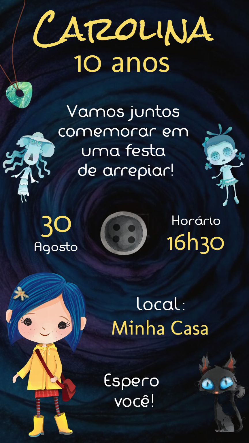 Convite Aniversário Coraline de Arrepiar para Editar Online Convite Aniversário Coraline de Arrepiar para Editar Online