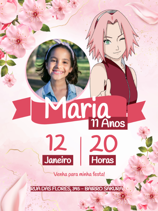 Convite de Aniversário Sakura com Foto para Editar Online Convite de Aniversário Sakura com Foto para Editar Online