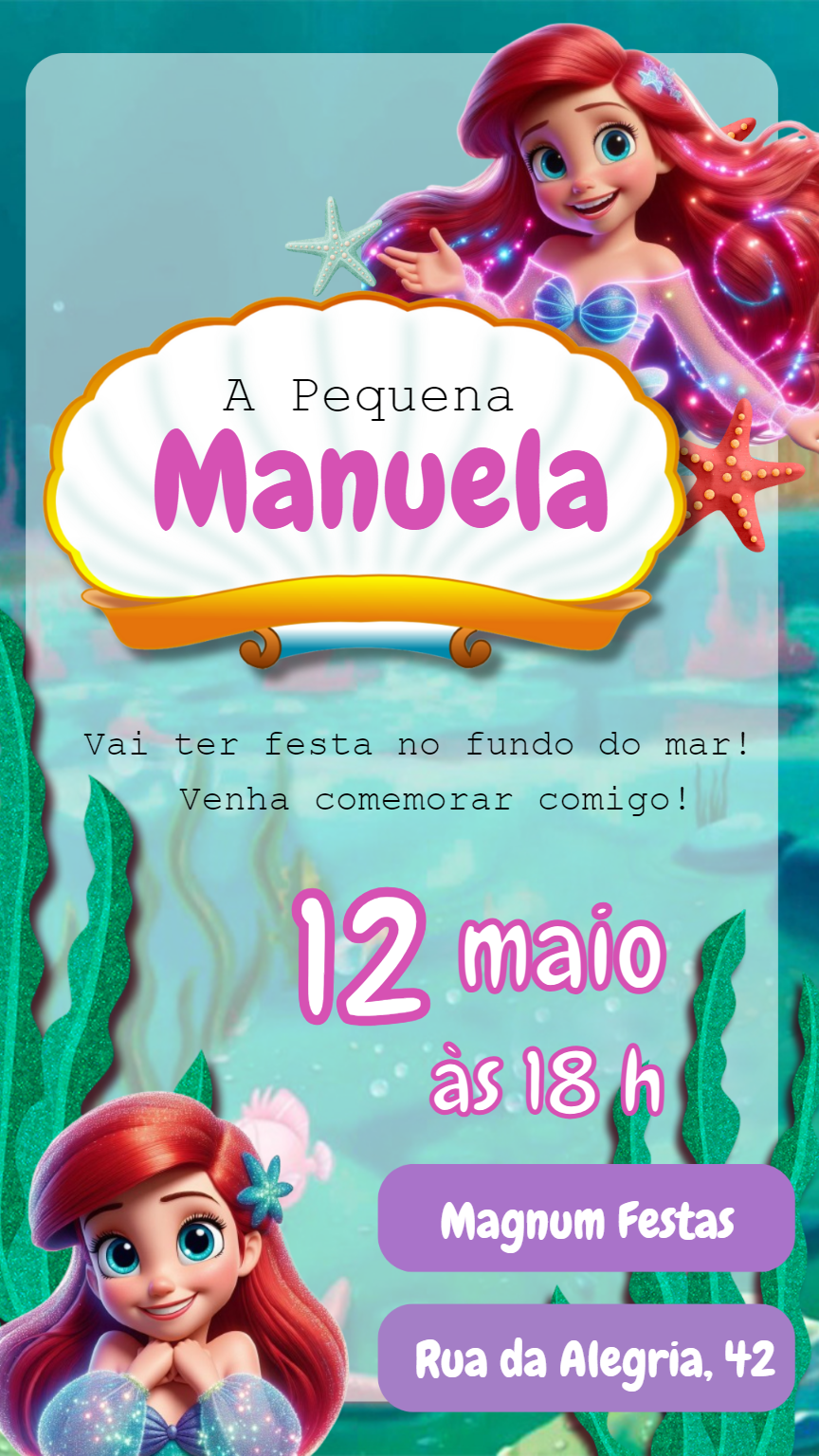 Convite de Aniversário A Pequena Sereia para Editar Online Convite de Aniversário A Pequena Sereia para Editar Online