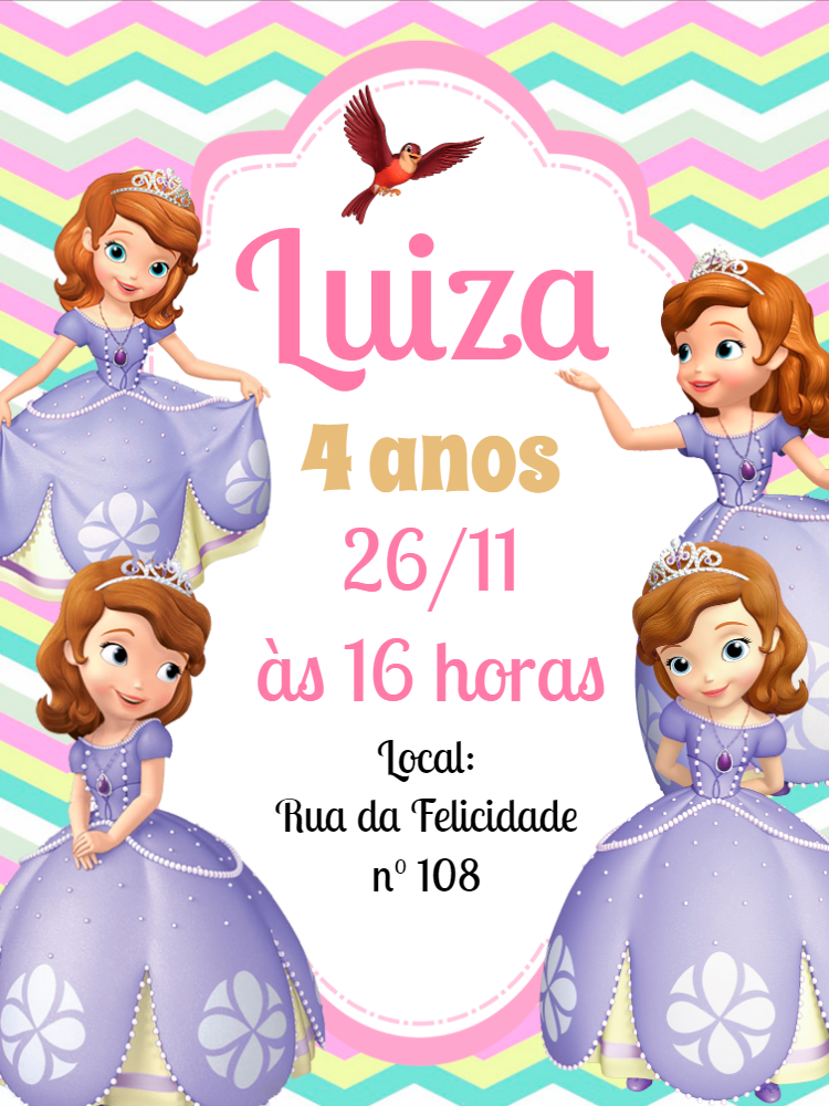 Convite Aniversário Princesa Sofia para Editar Online