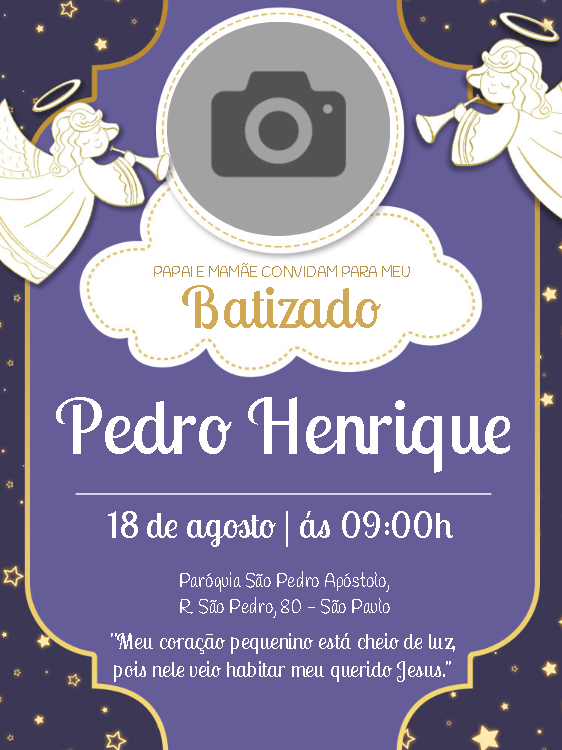 Convite de Batizado com Foto e Anjinhos para Editar Online Convite de Batizado com Foto e Anjinhos para Editar Online