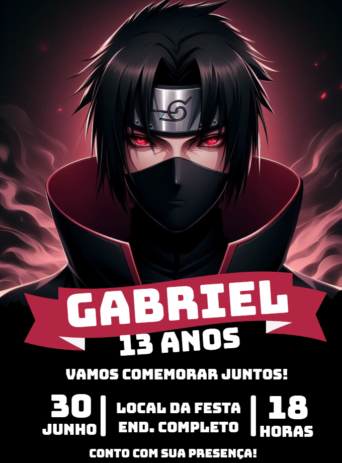 Convite Aniversário Sasuke Uchiha Editável para Imprimir Convite Aniversário Sasuke Uchiha Editável para Imprimir