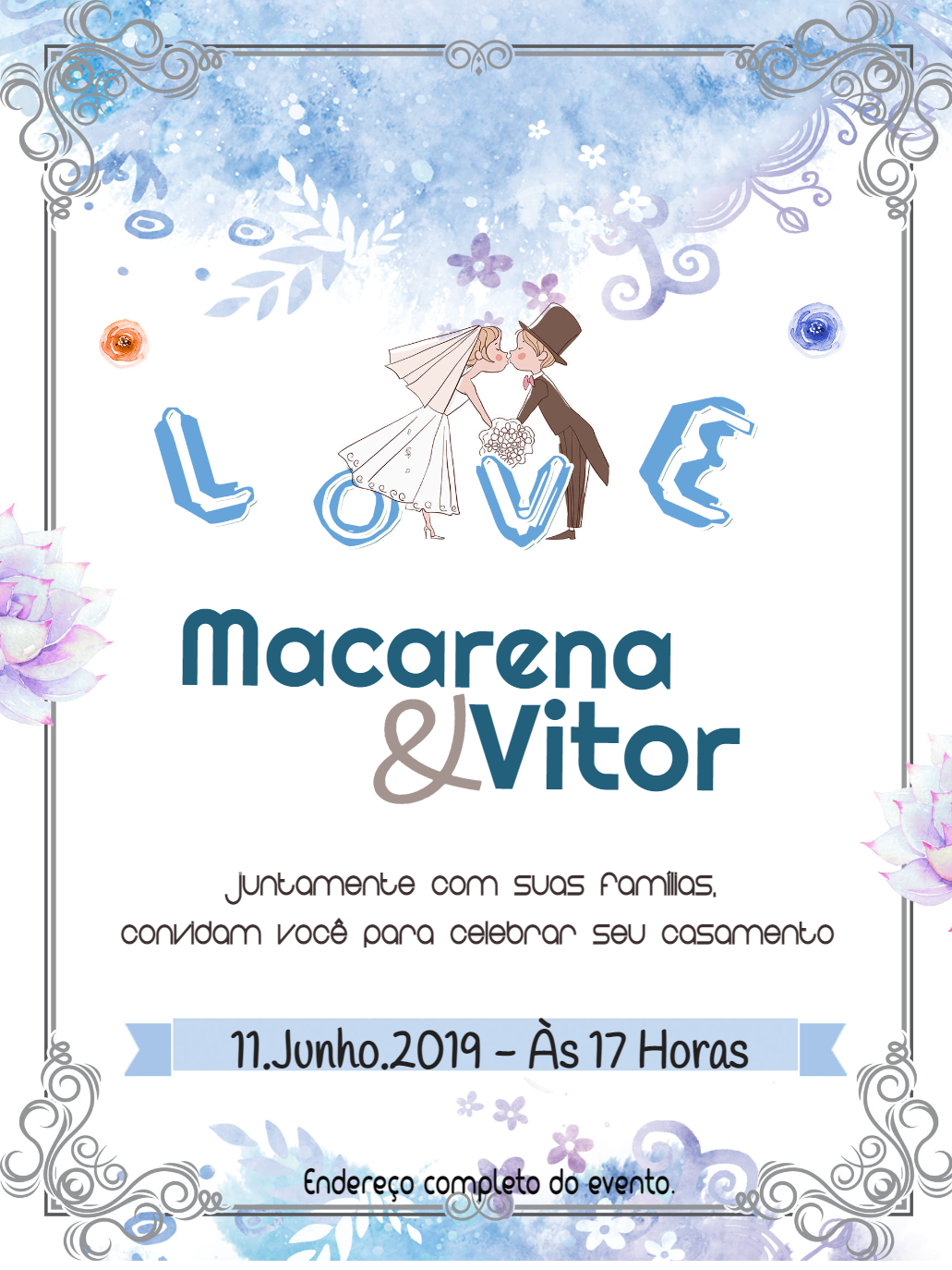 Convite de Casamento Romântico Aquarela para Editar Online