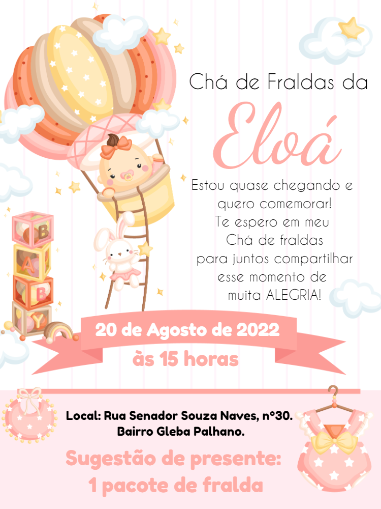Convite Chá de Fraldas Menina Baloeira para Editar Online Convite Chá de Fraldas Menina Baloeira para Editar Online