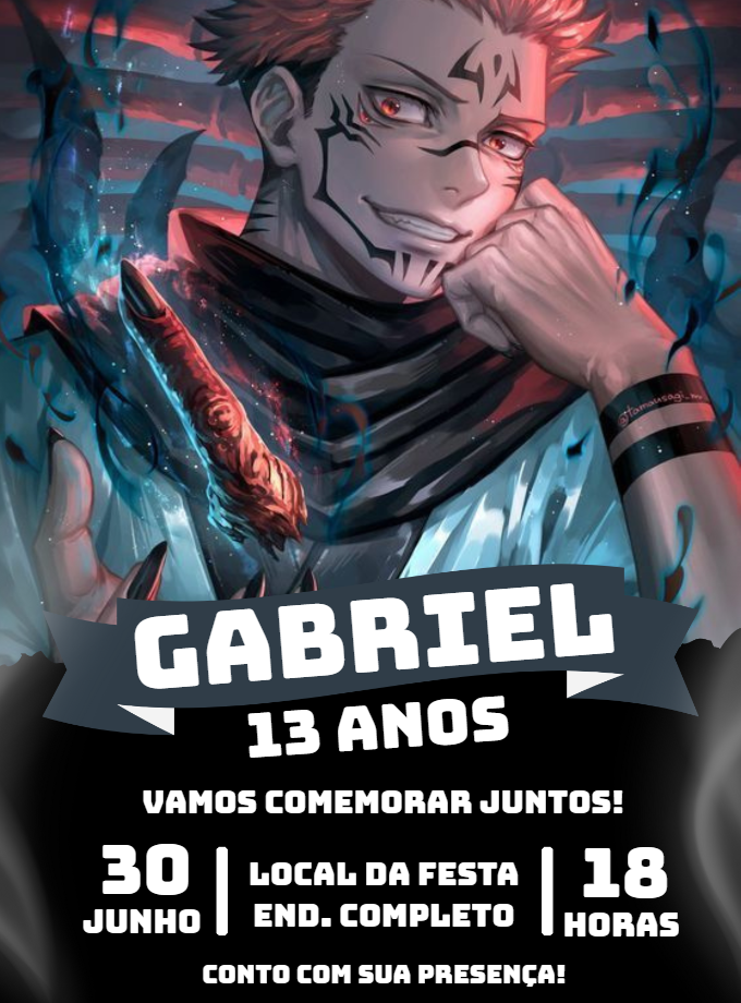 Convite de Aniversário Sukuna Jujutsu Kaisen para Editar Convite de Aniversário Sukuna Jujutsu Kaisen para Editar