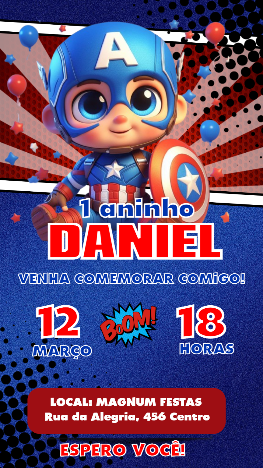 Convite Aniversário Capitão América Cute para Editar Online Convite Aniversário Capitão América Cute para Editar Online