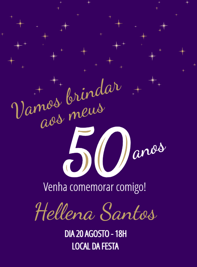 Convite de Aniversário Adulto Roxo com Estrelas para Editar Convite de Aniversário Adulto Roxo com Estrelas para Editar