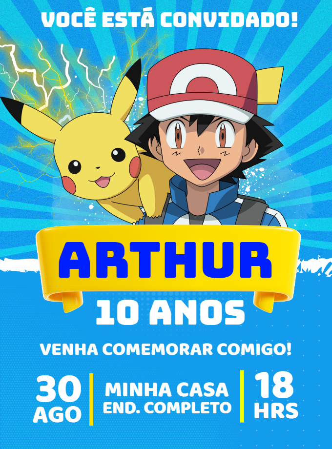 Convite de Aniversário Pokémon com Ash para Editar Online Convite de Aniversário Pokémon com Ash para Editar Online