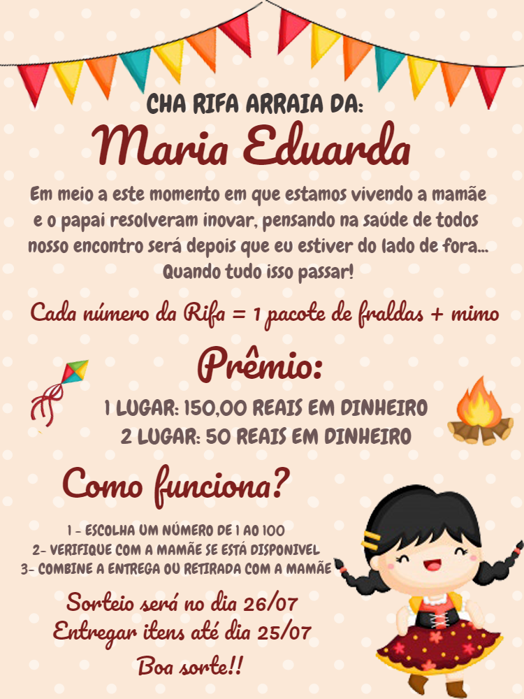 Convite Chá Rifa Arraiá com Menina Caipira para Editar Online Convite Chá Rifa Arraiá com Menina Caipira para Editar Online