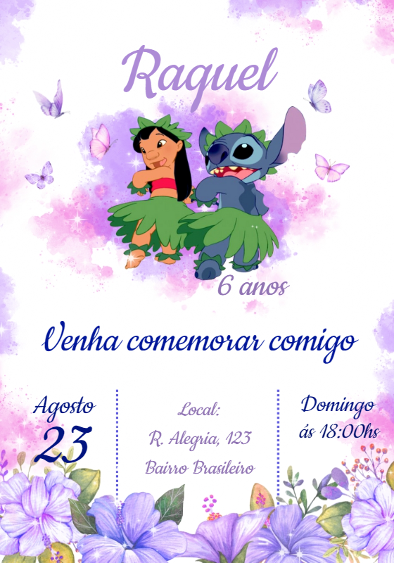 Convite Aniversário Lilo e Stitch Aquarela para Editar Online Convite Aniversário Lilo e Stitch Aquarela para Editar Online
