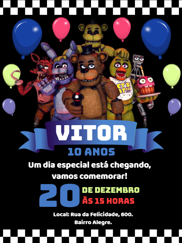 Convite de Aniversário Five Nights at Freddy's para Editar Convite de Aniversário Five Nights at Freddy's para Editar