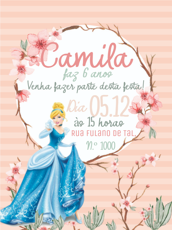 Convite Aniversário Cinderela com Flores para Editar Online