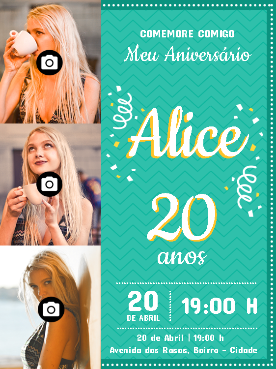 Convite de Aniversário com 3 Fotos para Editar Online