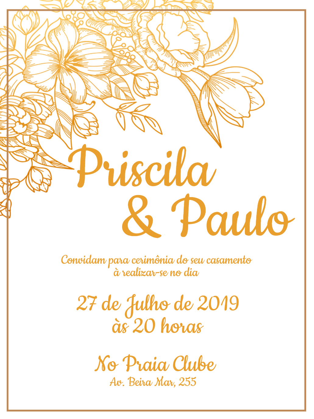 Convite de Casamento Elegante com Flores Douradas para Editar Convite de Casamento Elegante com Flores Douradas para Editar