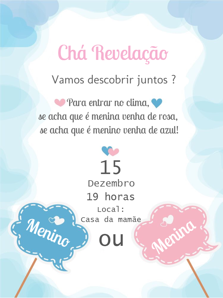 Convite Chá Revelação Nuvens Rosa e Azul para Editar Online Convite Chá Revelação Nuvens Rosa e Azul para Editar Online