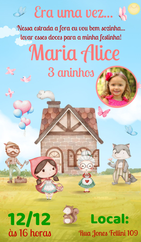 Convite Aniversário Chapeuzinho Vermelho com Foto para Editar Convite Aniversário Chapeuzinho Vermelho com Foto para Editar