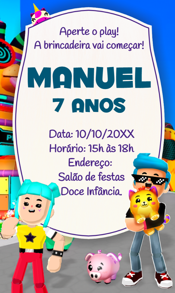 Convite de Aniversário PK XD com Personagens para Editar Online Convite de Aniversário PK XD com Personagens para Editar Online