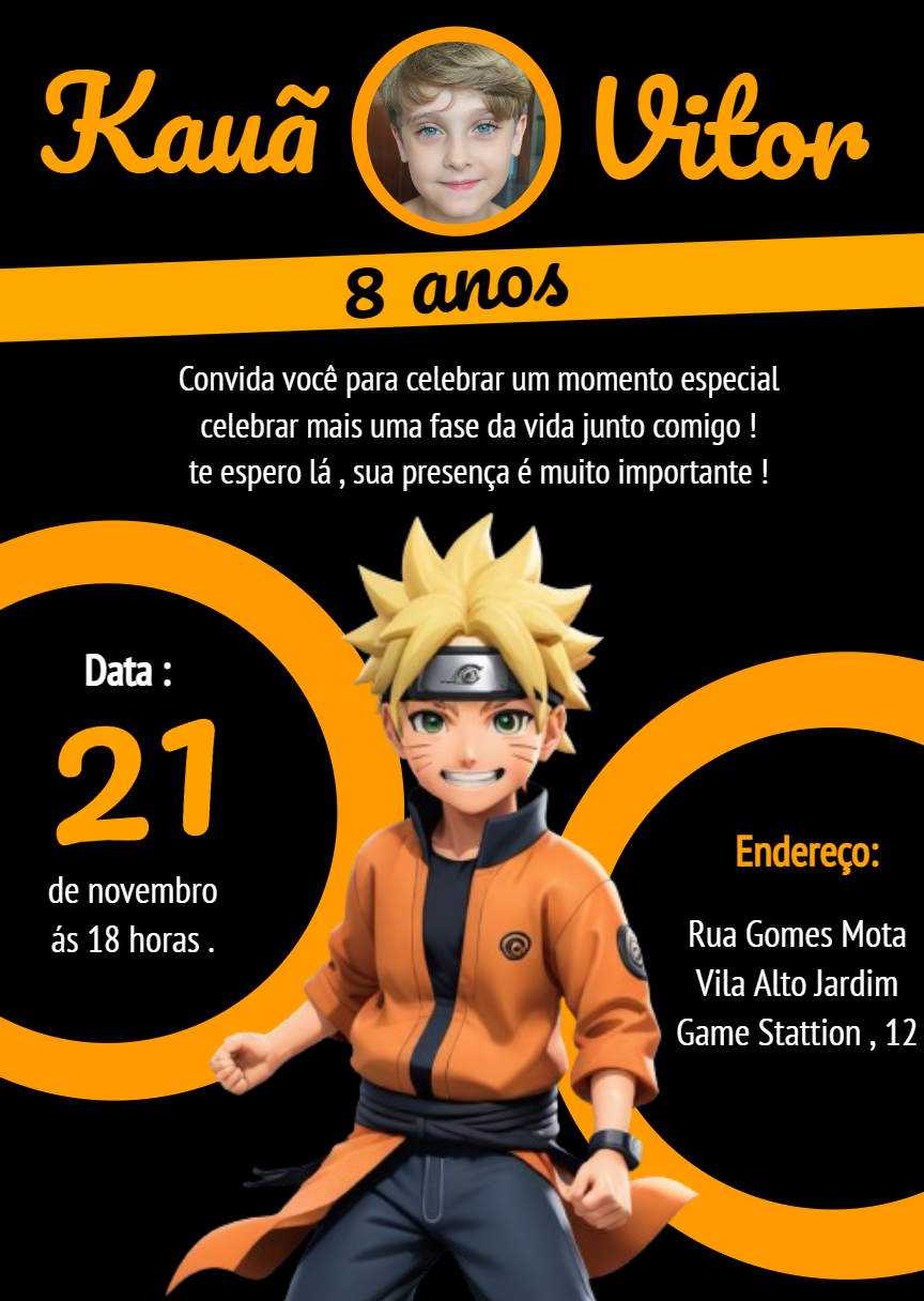 Convite de Aniversário Naruto com Foto para Editar Online Convite de Aniversário Naruto com Foto para Editar Online