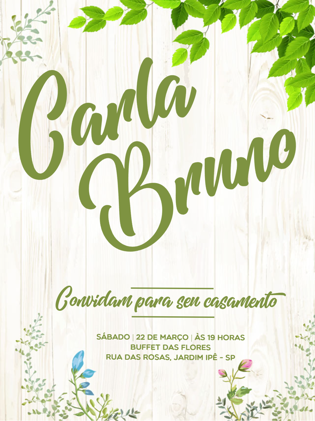 Convite de Casamento Rústico com Folhagem para Editar Online Convite de Casamento Rústico com Folhagem para Editar Online