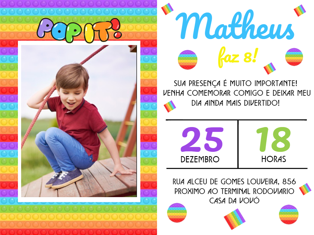 Convite de Aniversário Pop It com Foto para Editar Online Convite de Aniversário Pop It com Foto para Editar Online