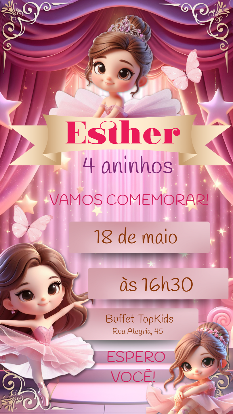 Convite de Aniversário Bailarina Delicada para Editar Online Convite de Aniversário Bailarina Delicada para Editar Online