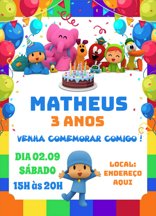 Convite de Aniversário Pocoyo e sua Turma para Editar Online Convite de Aniversário Pocoyo e sua Turma para Editar Online